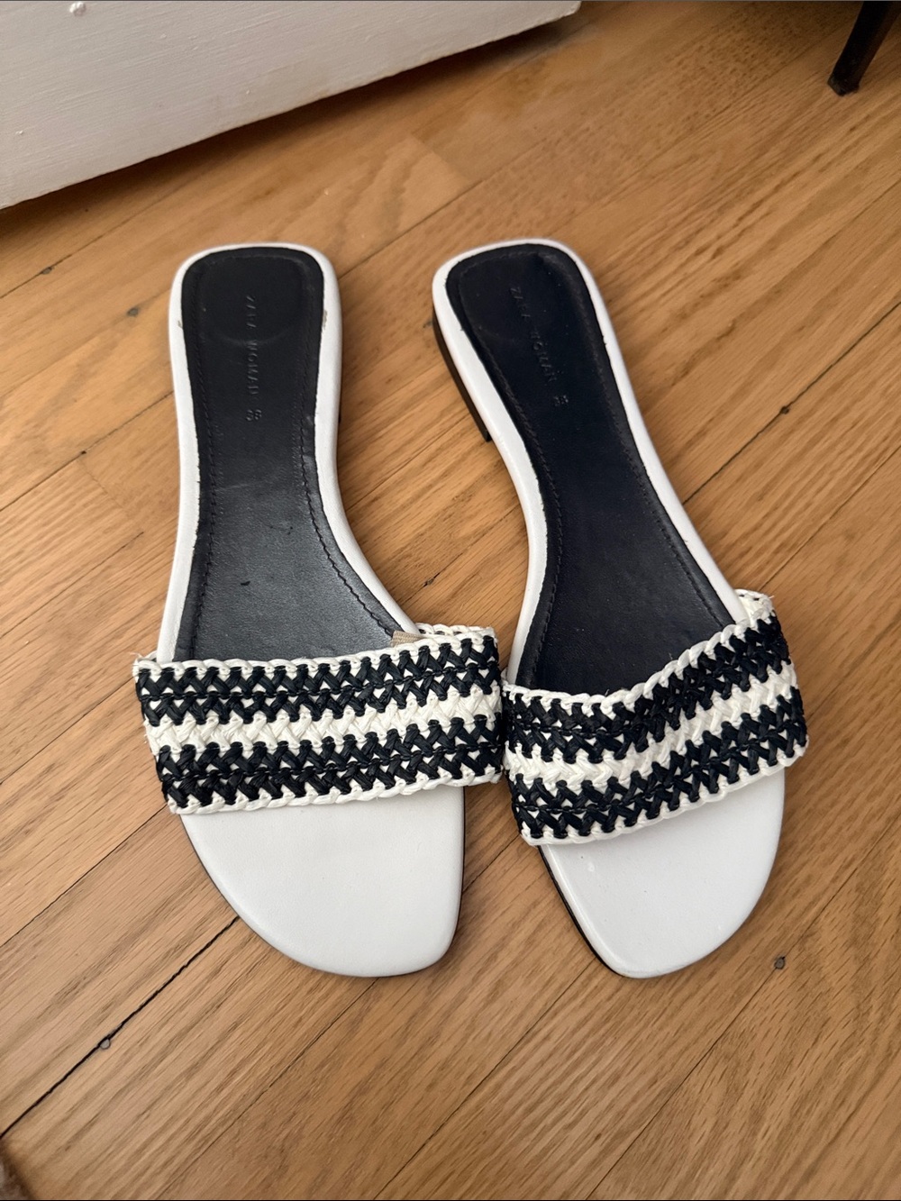 Zara White and Black Woven Slide Sandals